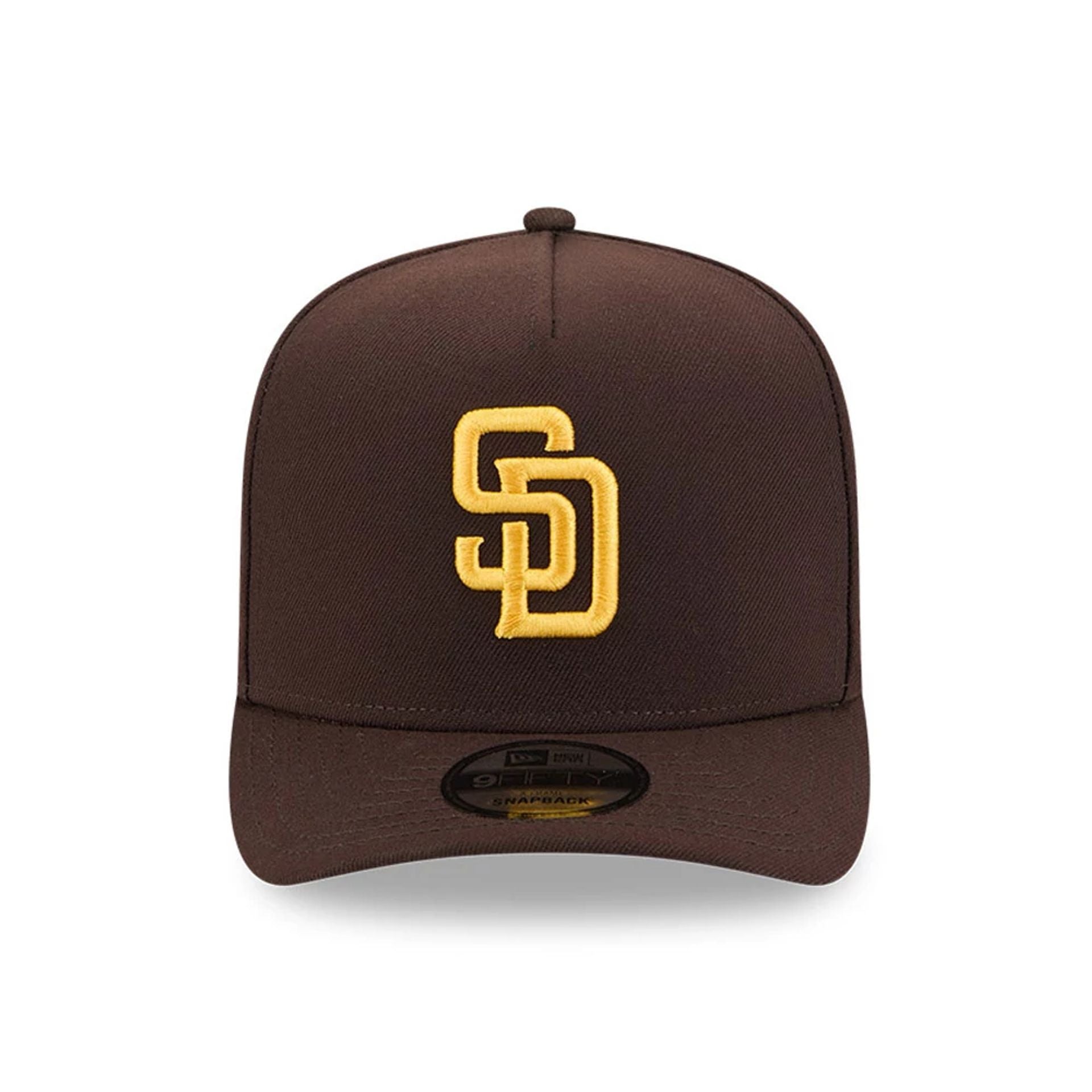 Pictured is this MLB Evergreen San Diego Padres 9FIFTY A-Frame Snapback cap in dark brown. 3