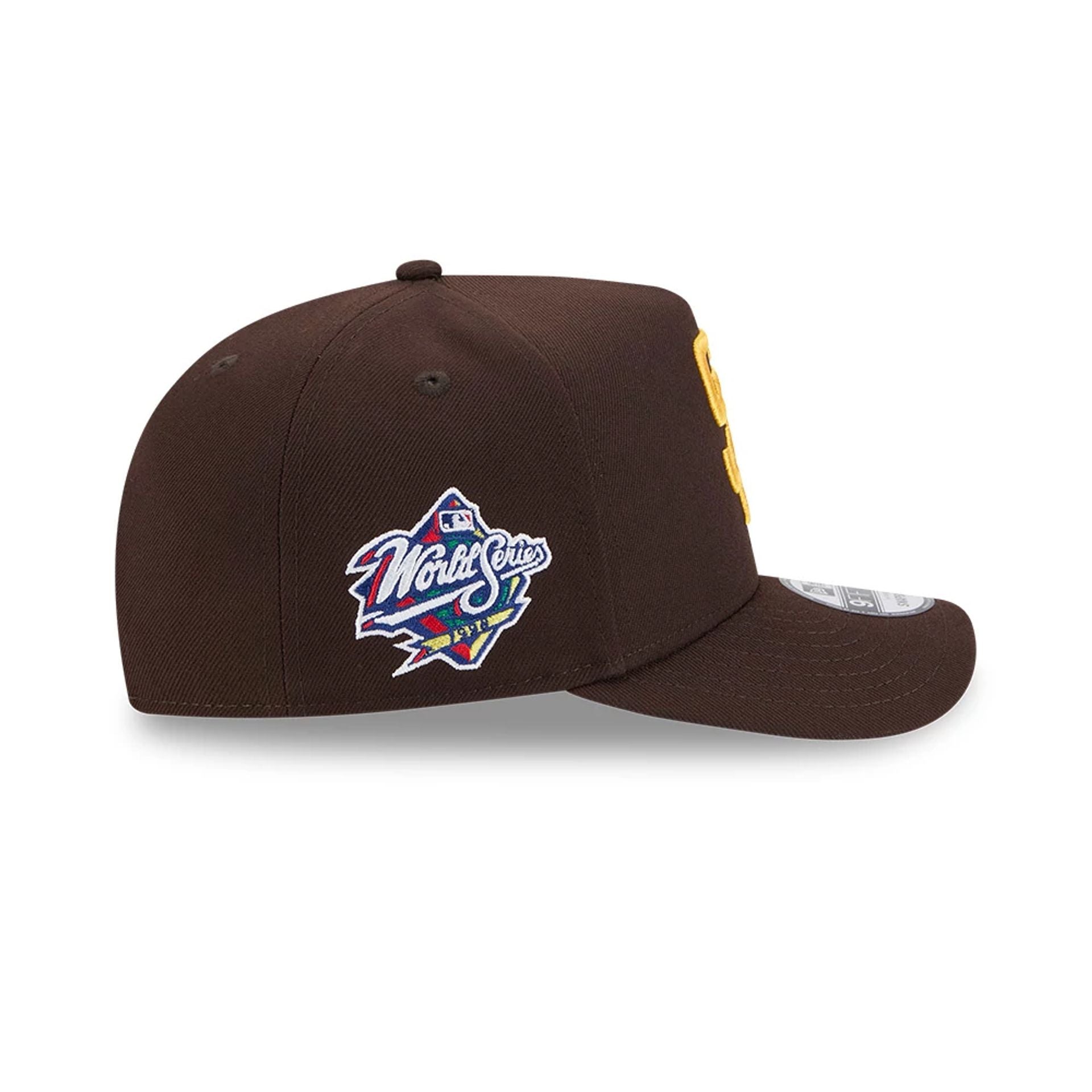 Pictured is this MLB Evergreen San Diego Padres 9FIFTY A-Frame Snapback cap in dark brown. 5