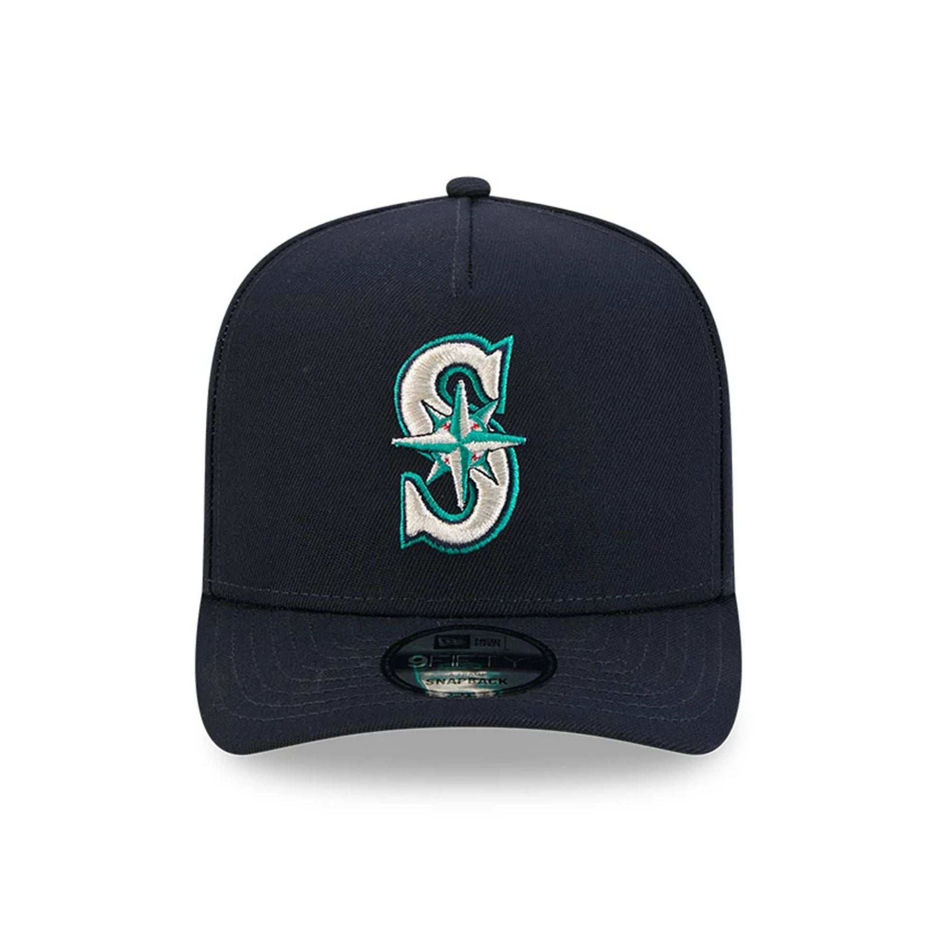 Pictured is this MLB Evergreen Seattle Mariners 9FIFTY A-Frame Snapback cap in navy. 3