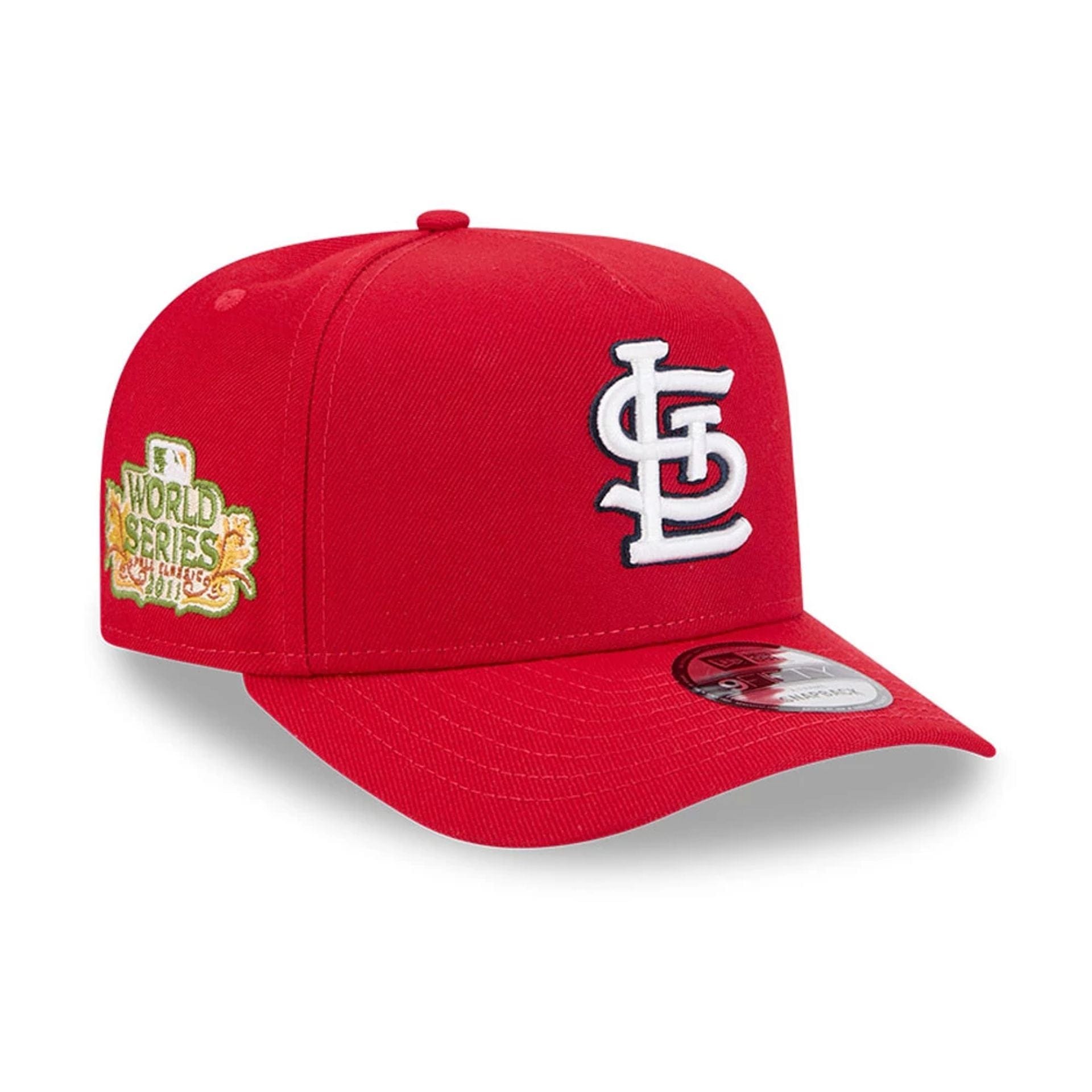 Pictured is this MLB Evergreen St. Louis Cardinals 9FIFTY A-Frame Snapback cap in red. 1