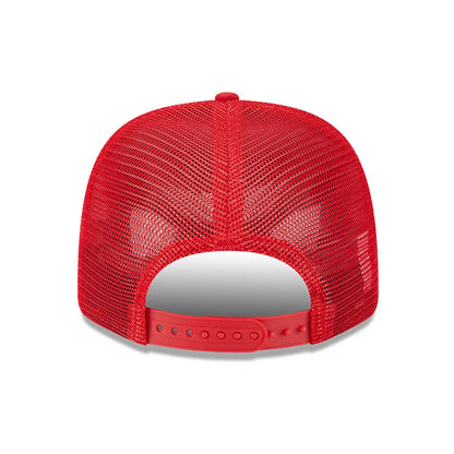 Kansas City Chiefs NFL Evergreen Red New Era 9SEVENTY Stretch Snap Adjustable Cap, rear view showing the red mesh back panels with an adjustable red snap closure and the structured design of the cap.