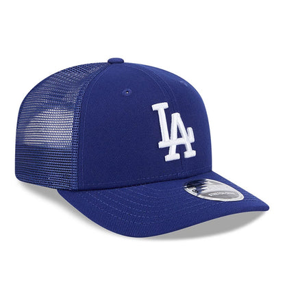 LA Dodgers MLB Evergreen Dark Blue New Era 9SEVENTY Stretch Snap Adjustable Cap, three-quarter view showing the white embroidered LA logo on the front panel, with a dark blue curved visor and 9SEVENTY size sticker.