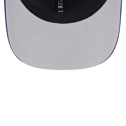 LA Dodgers MLB Evergreen Dark Blue New Era 9SEVENTY Stretch Snap Adjustable Cap, inside view showing the grey undervisor and black sweatband with internal taping featuring the 9SEVENTY label in white.