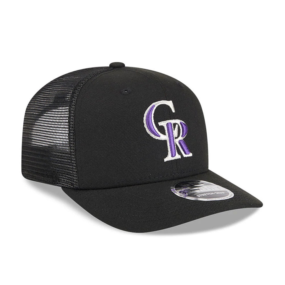 Pictured is this MLB Evergreen Colorado Rockies 9SEVENTY Stretch Snap cap in black. 4