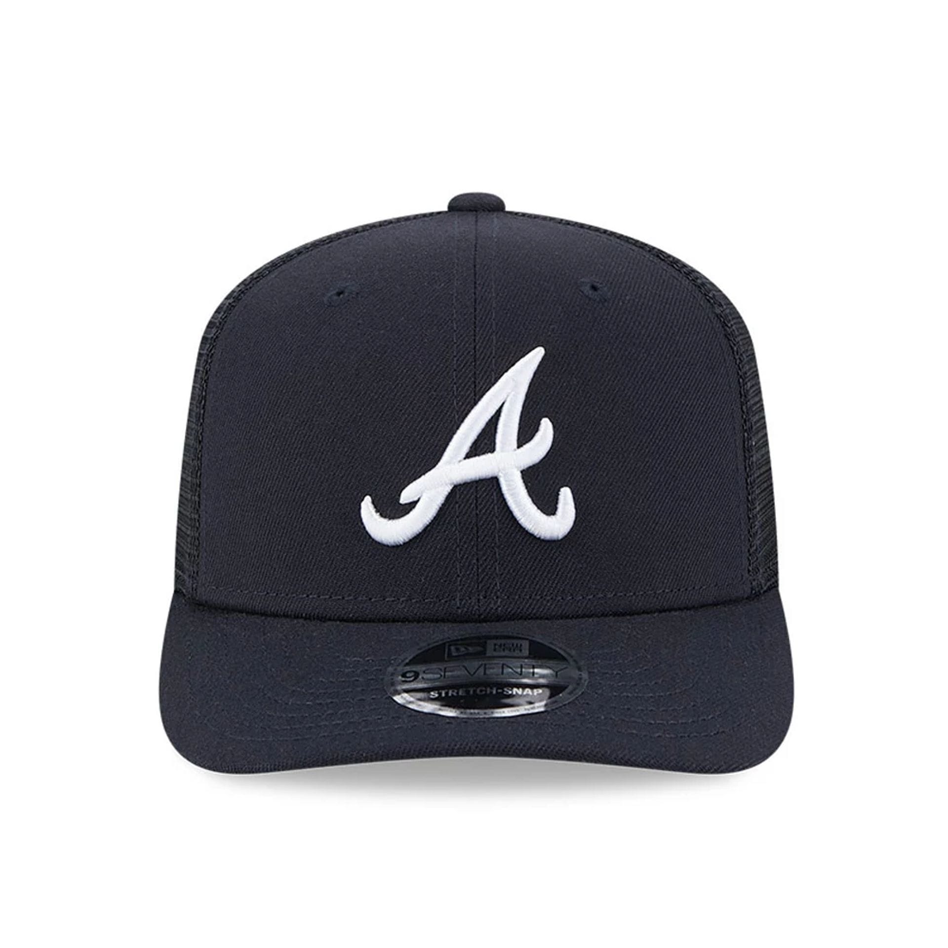 Pictured is this MLB Evergreen Atlanta Braves 9SEVENTY Stretch Snap cap in navy. 3