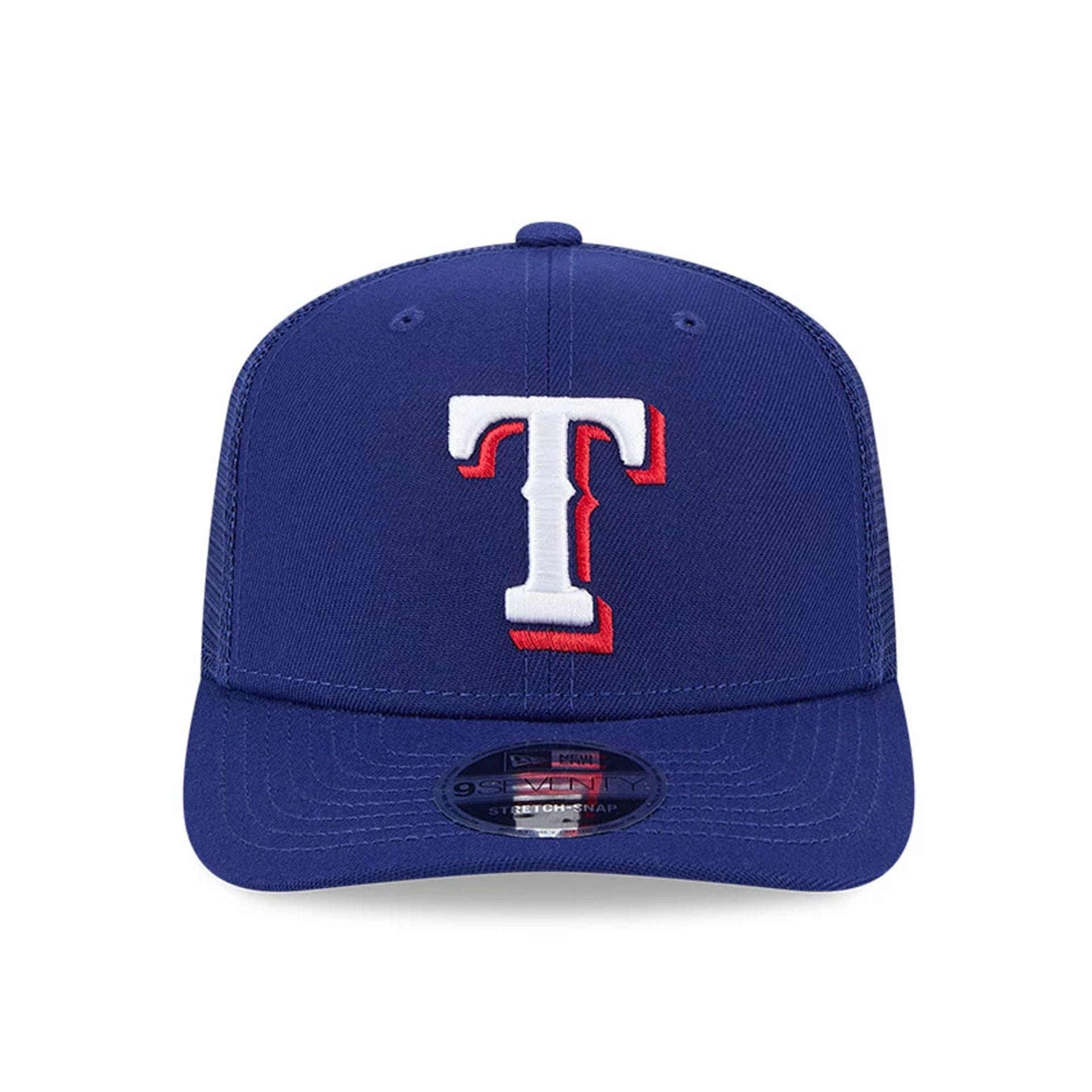 Pictured is this MLB Evergreen Texas Rangers 9SEVENTY Stretch Snap cap in dark blue. 3