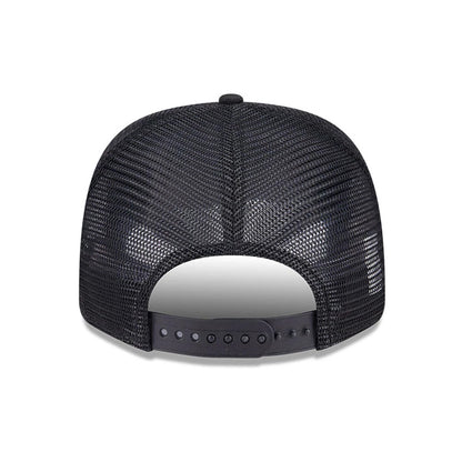 Pittsburgh Pirates MLB Evergreen Black New Era 9SEVENTY Stretch Snap Cap, rear view showing the mesh back panels with adjustable snap closure, highlighting the structured black crown and rounded shape of the cap.