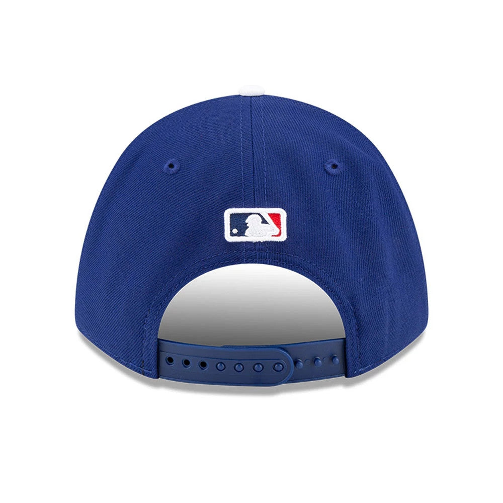 LA Dodgers MLB Player Replica Dark Blue New Era 9FORTY M-Crown Adjustable Cap, rear view showing the embroidered MLB Batterman logo centred at the back above the adjustable strap on the structured dark blue crown.