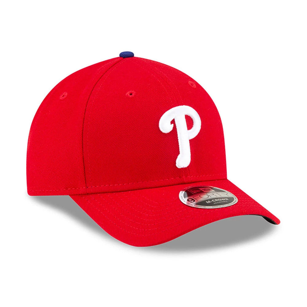 Philadelphia Phillies MLB Player Replica Red New Era 9FORTY M-Crown Adjustable Cap, front view showing the raised white embroidered P logo on the red front panel, with a 9FORTY size sticker on the red visor.