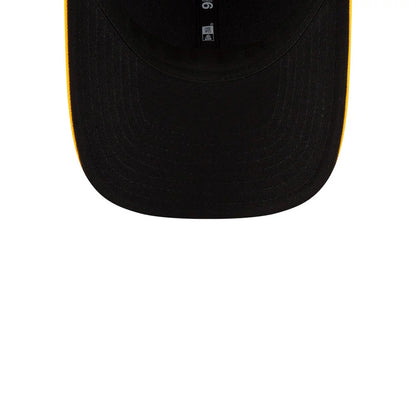 Athletics MLB Player Replica Dark Green New Era 9FORTY M-Crown Adjustable Cap, inside view showing a black undervisor with a 9FORTY size sticker and taping along the crown interior.