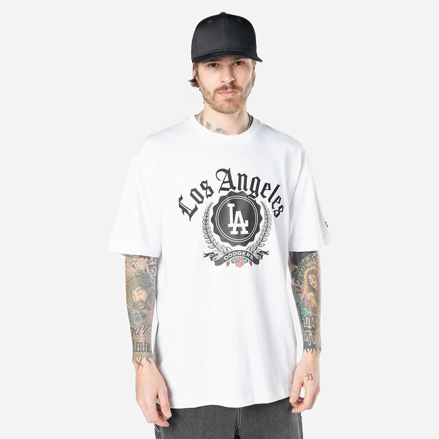 The Male model is wearing LA Dodgers Throwback Prep White T-Shirt 1