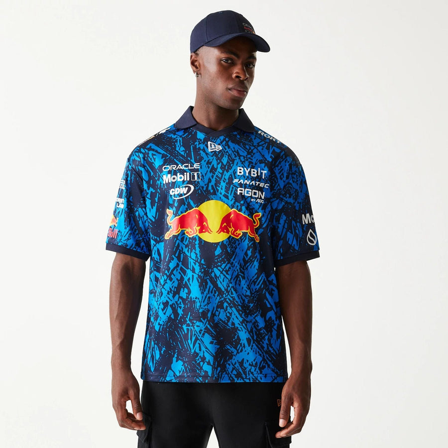 The Male model is wearing Red Bull Sim Racing Dark Blue V-Neck T-Shirt  1