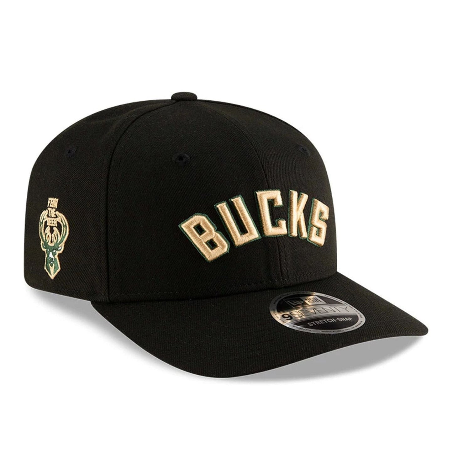 This is a Milwaukee Bucks NBA Statement Black 9SEVENTY Stretch Snap Adjustable Cap 1