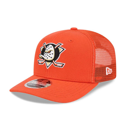Pictured is this NHL Evergreen Anaheim Ducks 9SEVENTY Stretch Snap cap in orange. 1