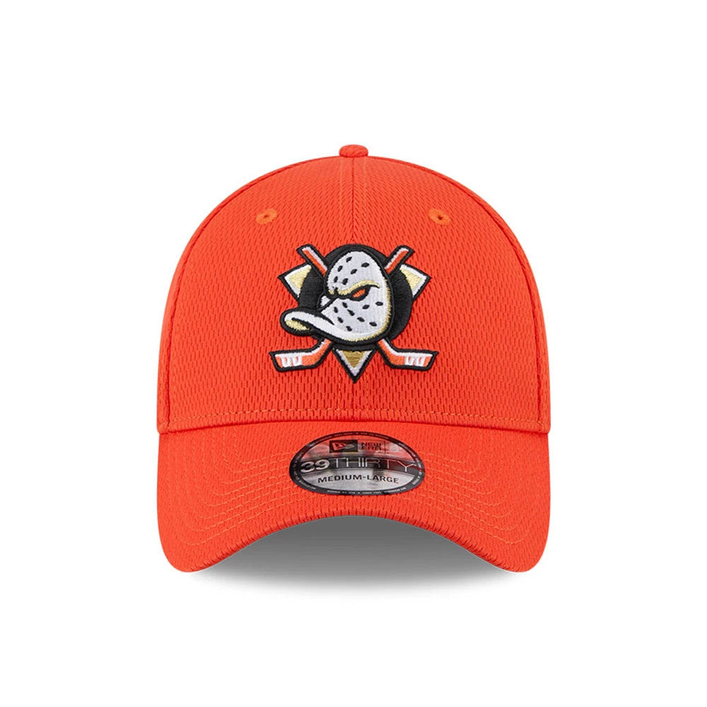 Pictured is this NHL Evergreen Anaheim Ducks 39THIRTY Stretch Fit cap in orange. 2