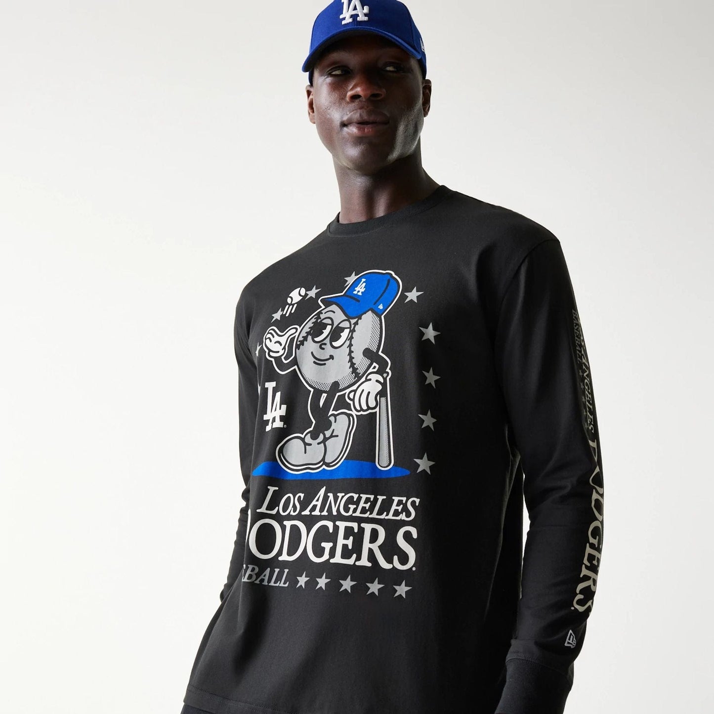 The Male model is wearing LA Dodgers MLB Character Black Long Sleeve T-Shirt 3