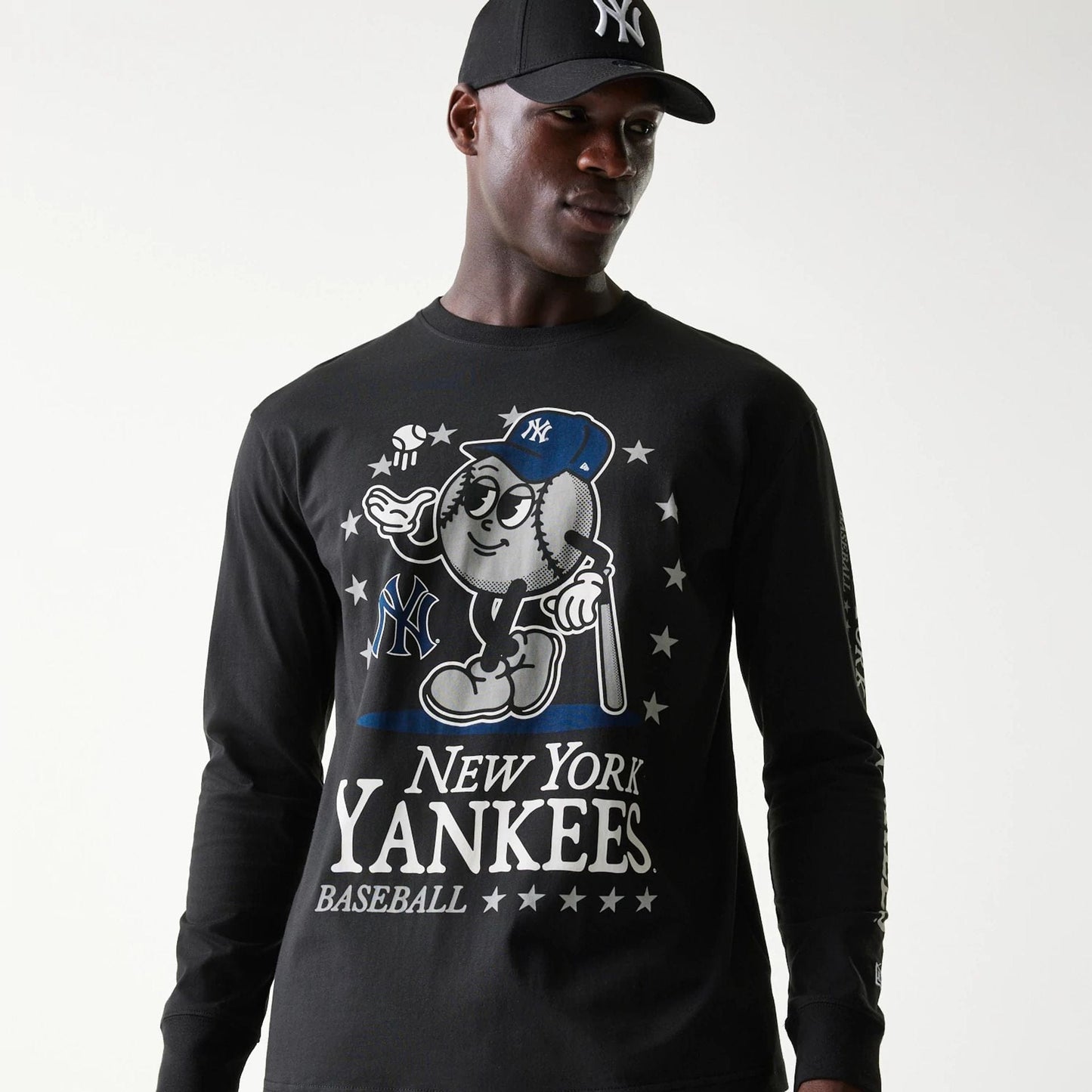 The Male model is wearing New York Yankees MLB Character Black Long Sleeve T-Shirt 3