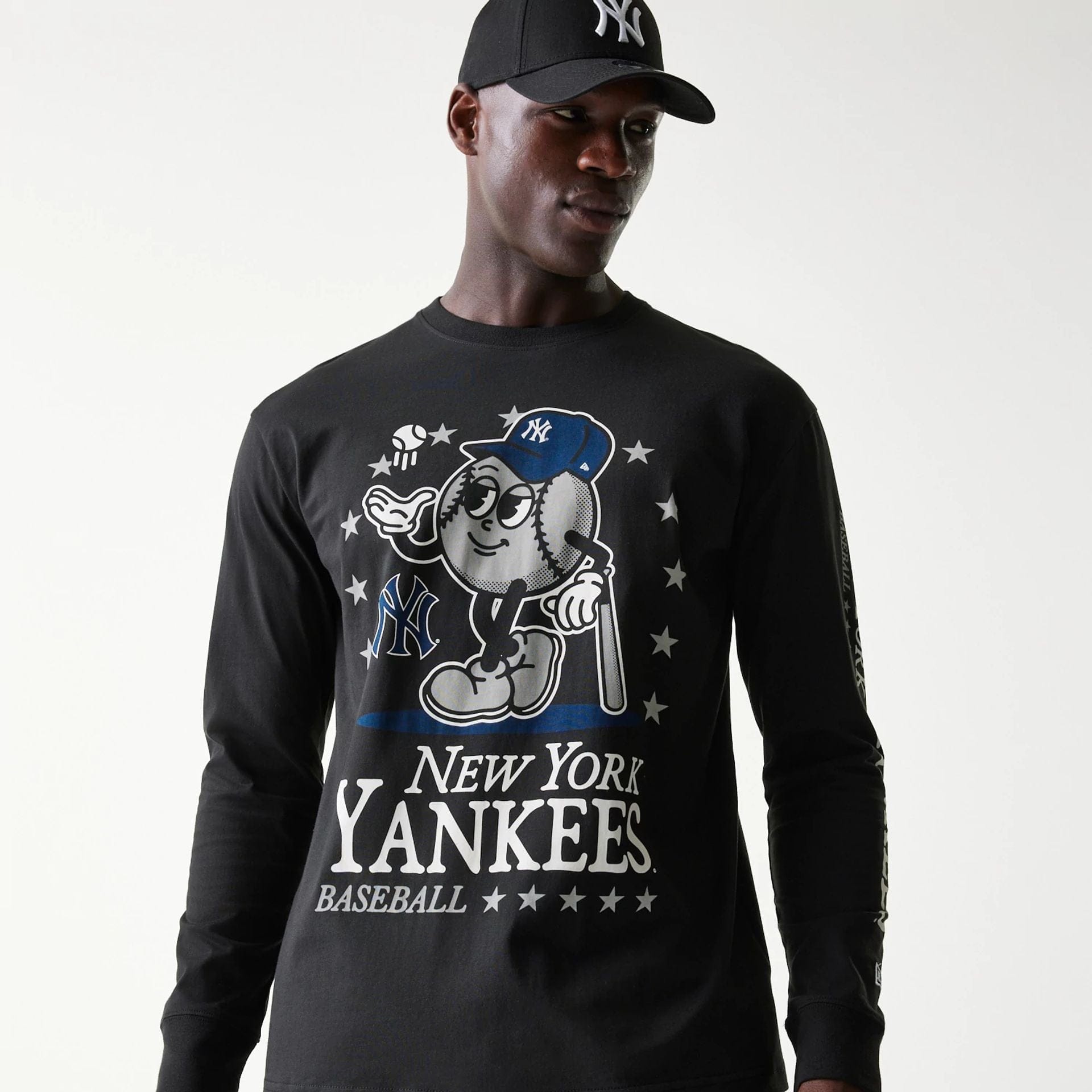 The Male model is wearing New York Yankees MLB Character Black Long Sleeve T-Shirt 3