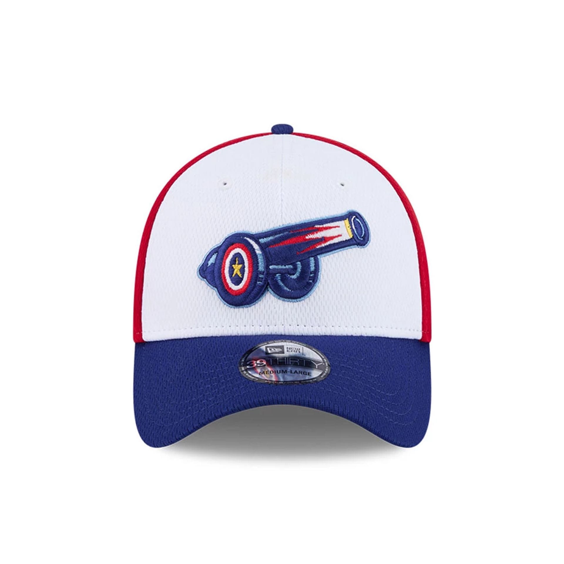 Pictured is this MiLB Batting Practice Kannapolis Cannon Ballers 39THIRTY Stretch Fit cap in red. 3