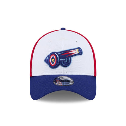 Pictured is this MiLB Batting Practice Kannapolis Cannon Ballers 39THIRTY Stretch Fit cap in red. 3