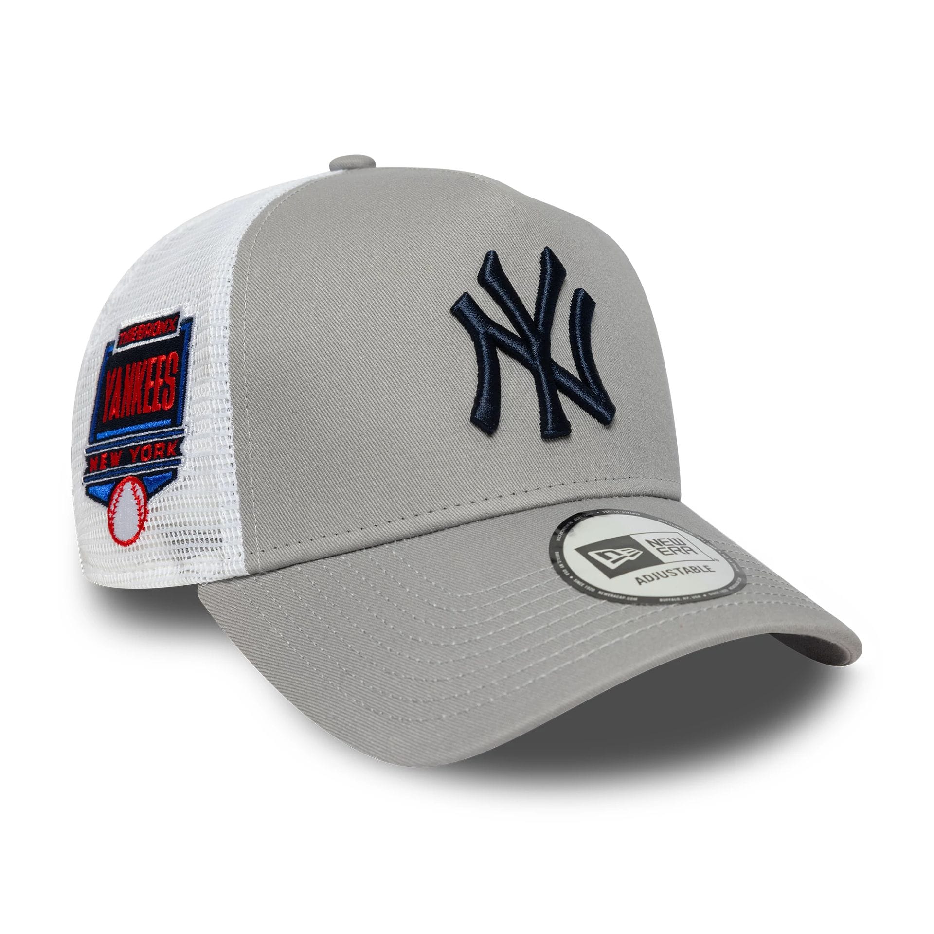 This is a New York Yankees MLB Side Patch Grey 9FORTY A-Frame Trucker Adjustable Cap 1
