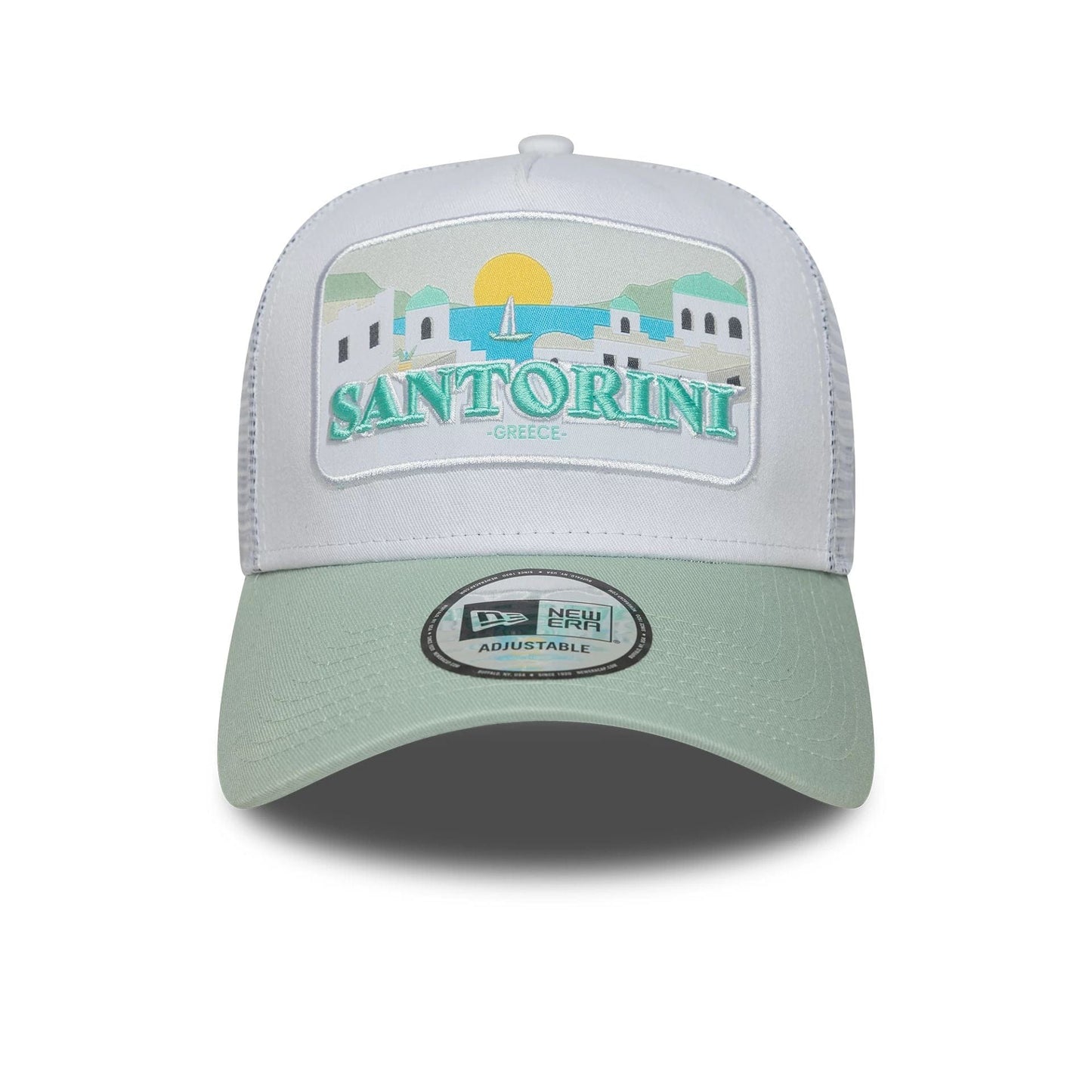 This is a New Era Summer Santorini Pastel Green 9FORTY A-Frame Trucker Adjustable Cap 2