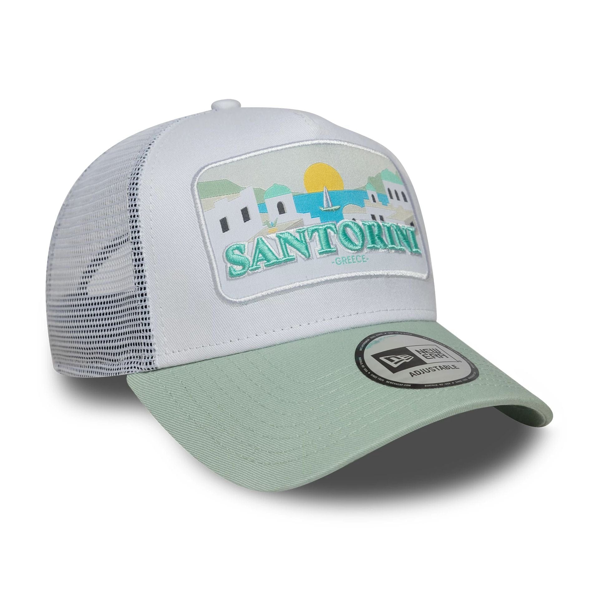 This is a New Era Summer Santorini Pastel Green 9FORTY A-Frame Trucker Adjustable Cap 3