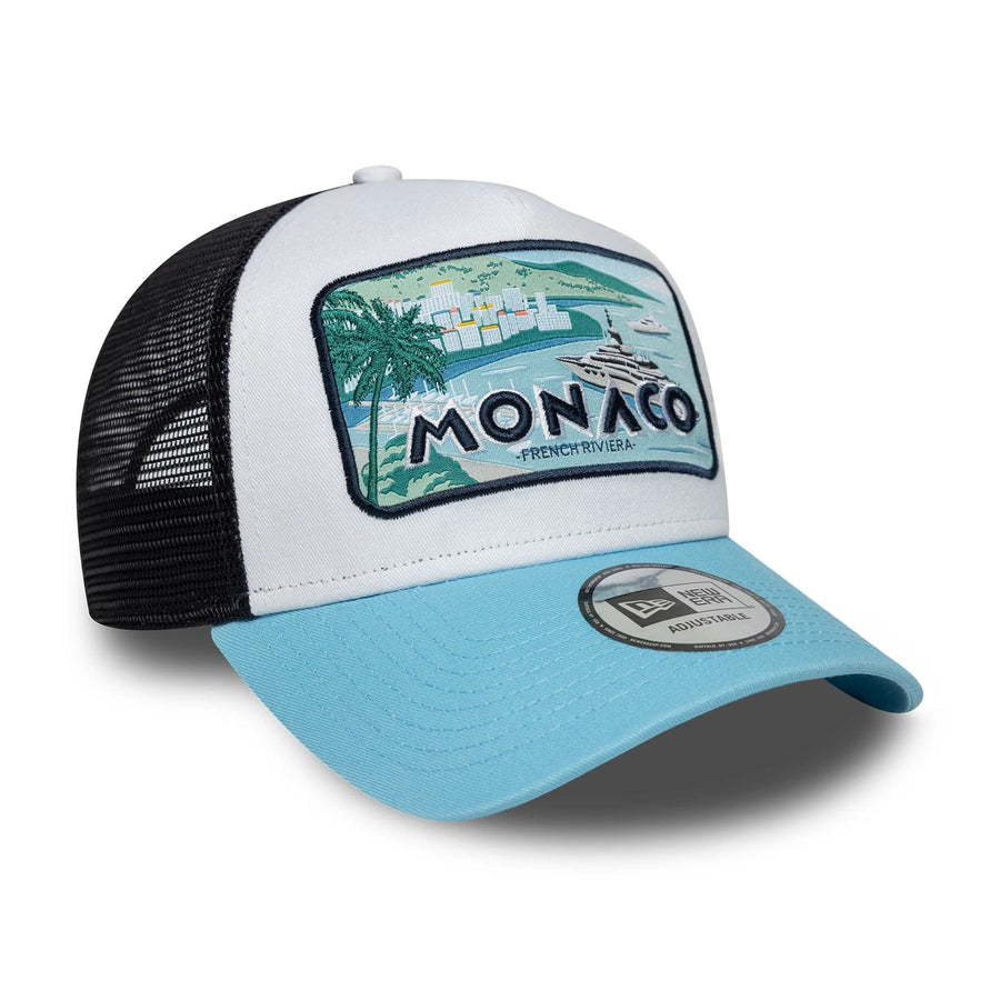 This is a New Era Summer Monaco Pastel Blue 9FORTY A-Frame Trucker Adjustable Cap 3