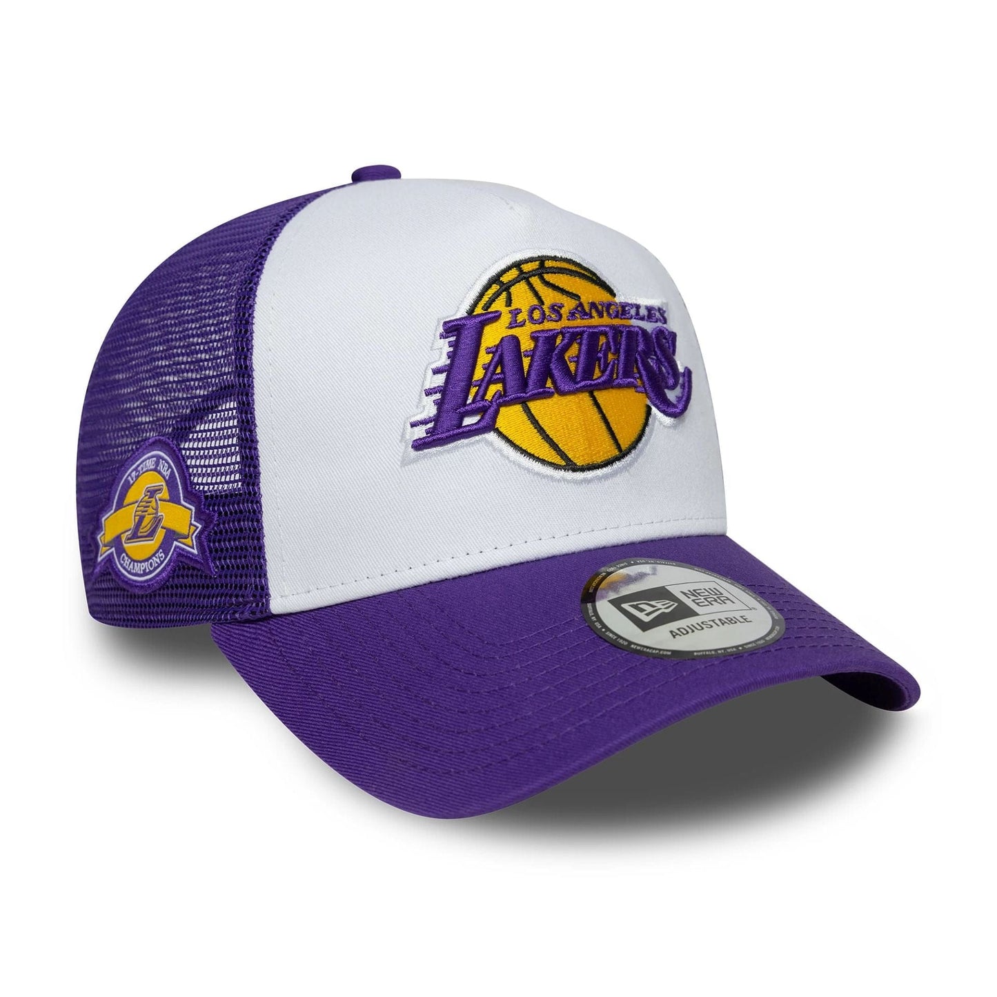 This is a LA Lakers NBA Side Patch Purple 9FORTY A-Frame Trucker Adjustable Cap 1