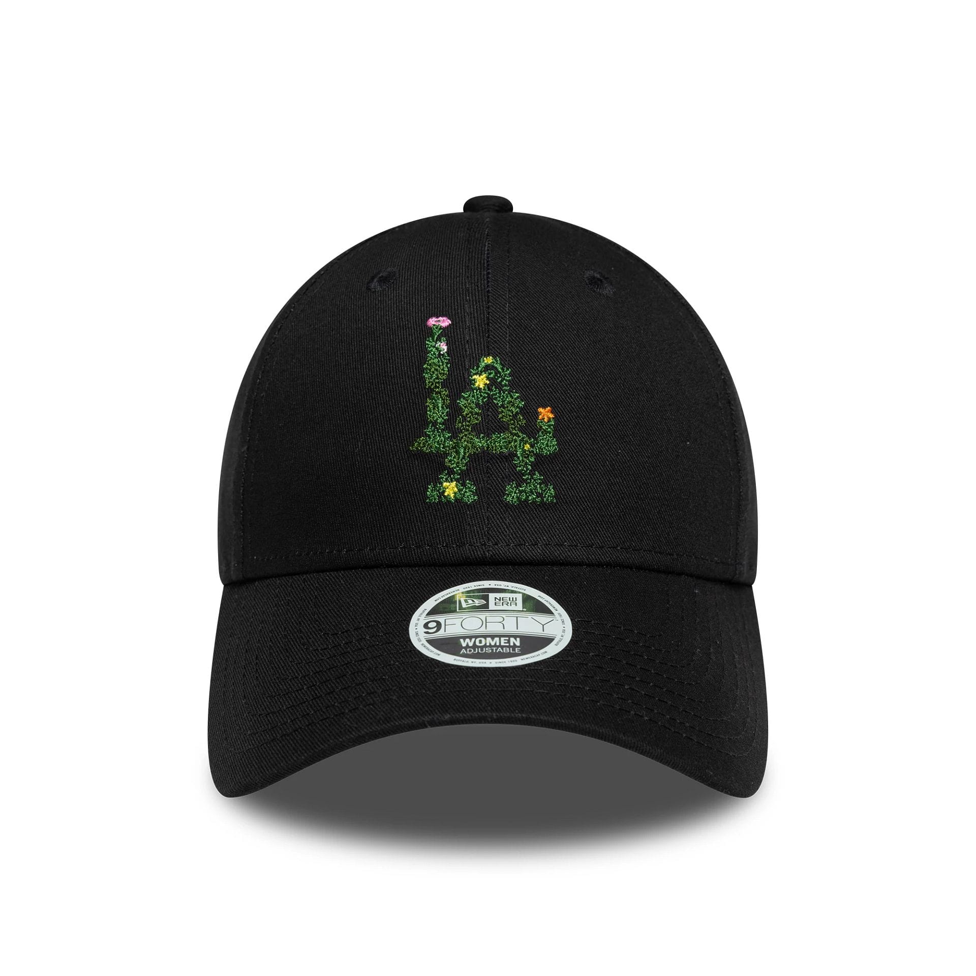 Pictured is this Womens MLB Floral Infill LA Dodgers 9FORTY cap in black. 2