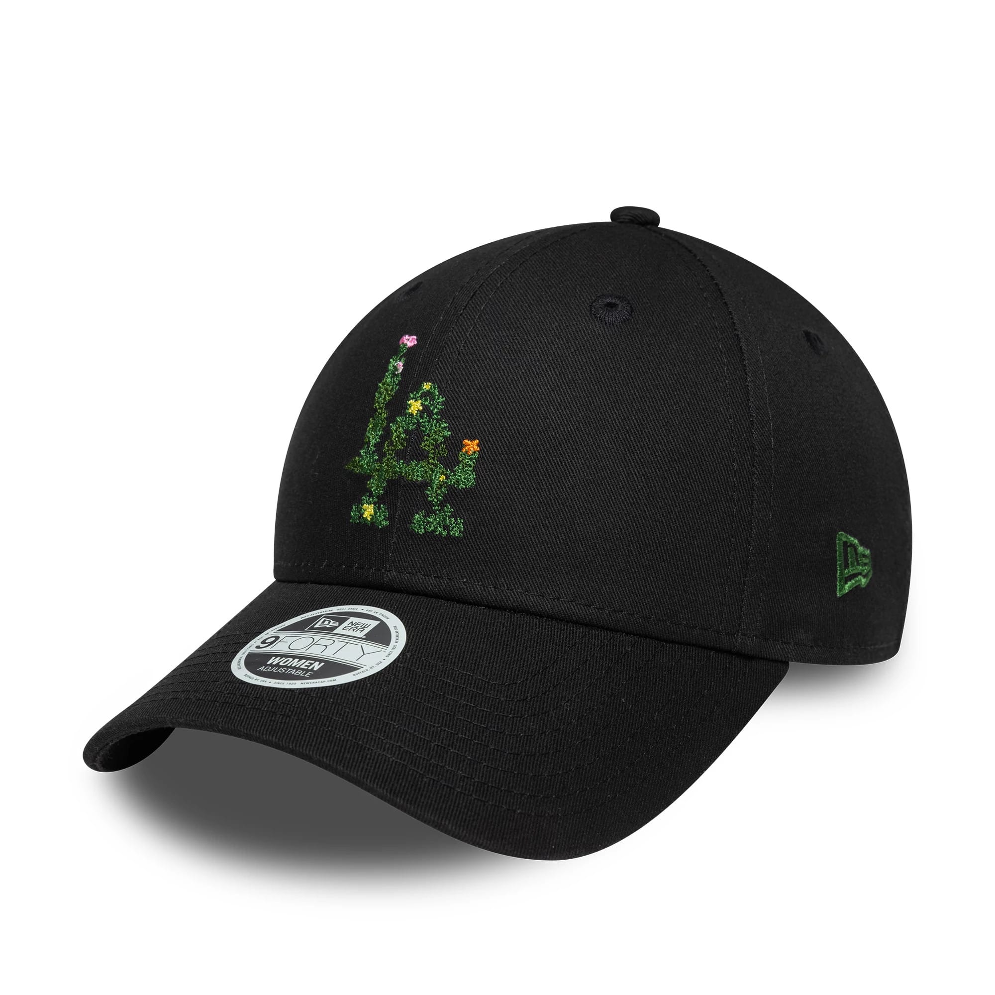 Pictured is this Womens MLB Floral Infill LA Dodgers 9FORTY cap in black. 1