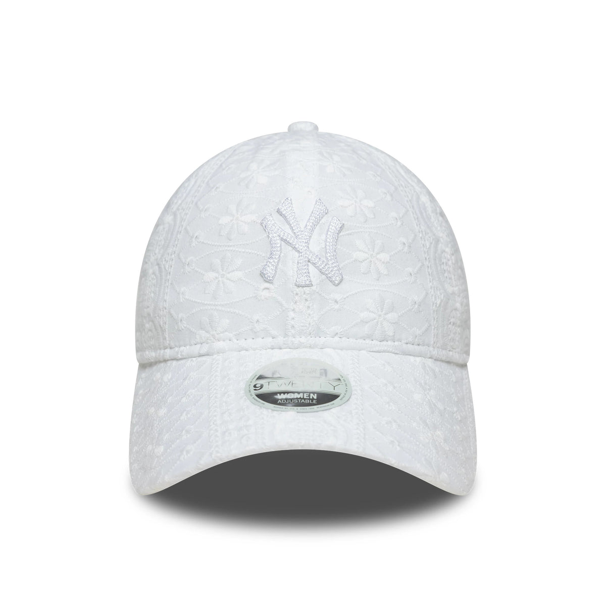 New York Yankees Womens MLB Broderie White New Era 9TWENTY Adjustable Cap, front view showing white raised embroidered NY logo on the textured broderie crown, with a 9TWENTY size sticker on the curved visor.