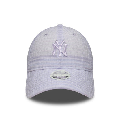 New York Yankees Womens MLB Seersucker Pastel Purple New Era 9TWENTY Adjustable Cap, front view showing the raised pastel purple NY logo on the front panel with a 9TWENTY size sticker on the curved visor.