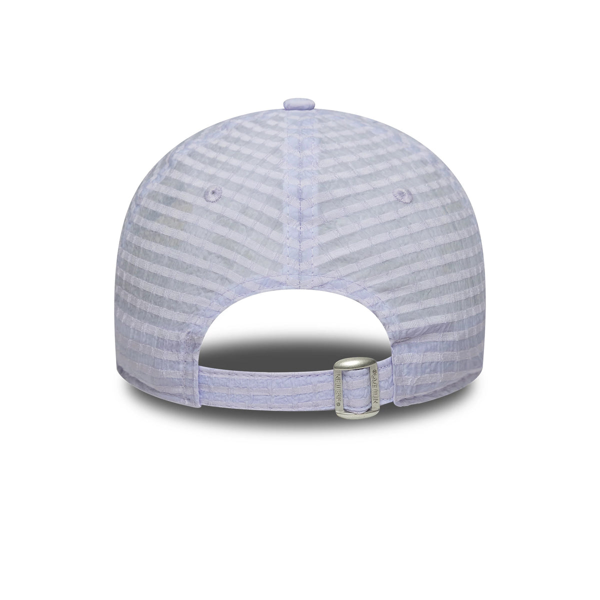 New York Yankees Womens MLB Seersucker Pastel Purple New Era 9TWENTY Adjustable Cap, rear view showing the fabric strap with a metal buckle and subtle seersucker texture on the structured panels, with a pastel purple top button.