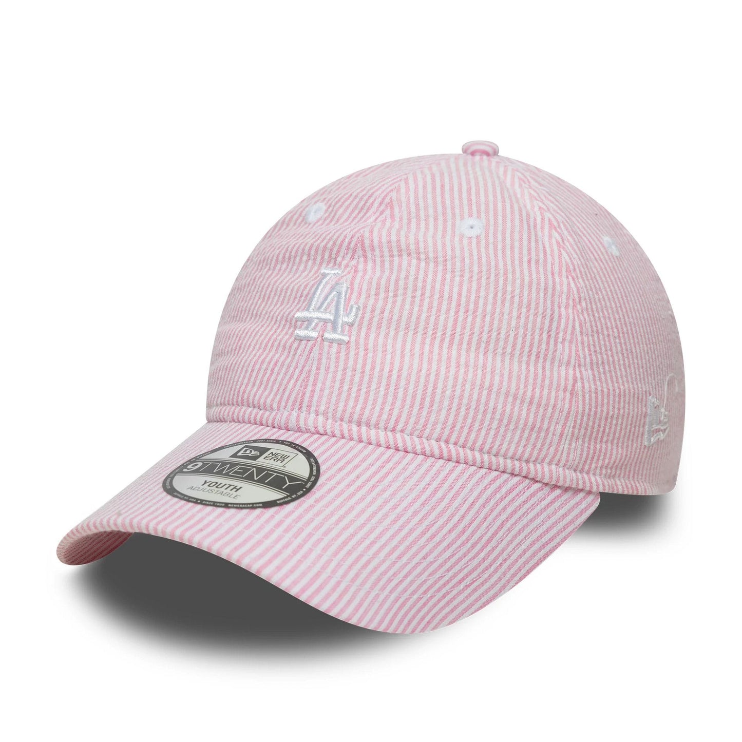 Pictured is this Youth MLB Seersucker LA Dodgers 9TWENTY cap in pastel pink. 1