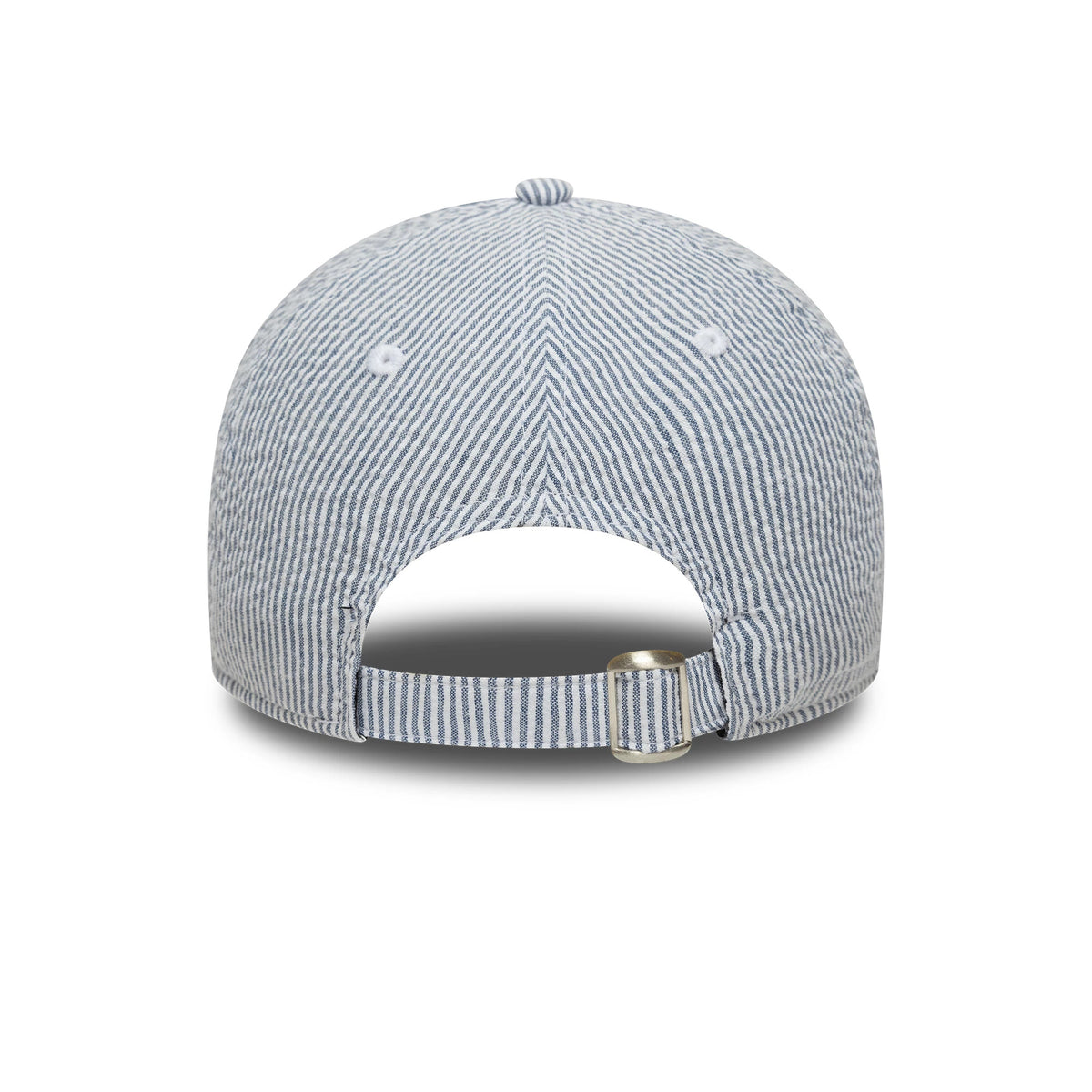 New York Yankees MLB Seersucker Navy New Era 9TWENTY Adjustable Cap, rear view showing the adjustable strap closure in light blue and white seersucker pattern, with a rounded crown and centred top button.