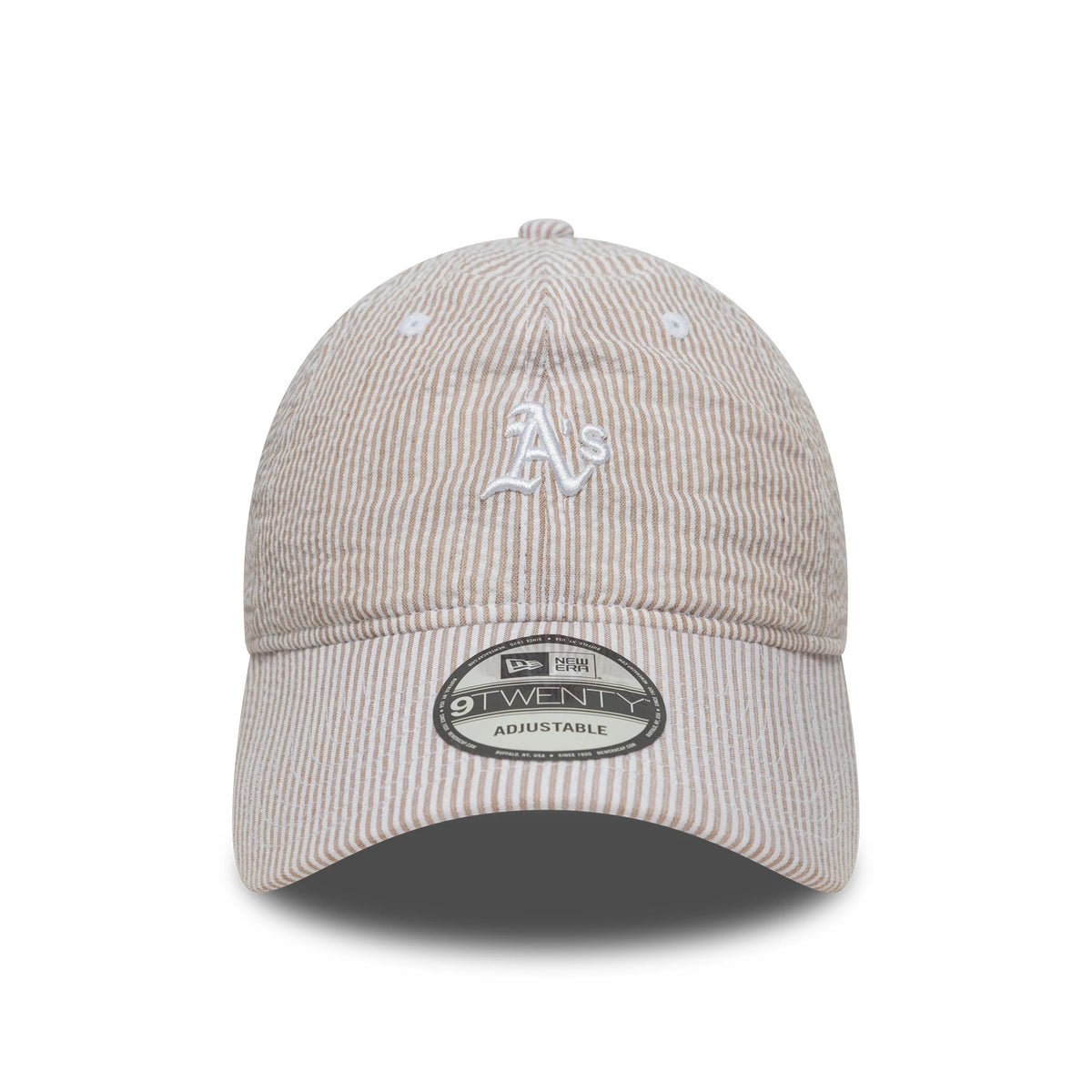 Athletics MLB Seersucker Light Beige New Era 9TWENTY Adjustable Cap, front view showing the white embroidered A’s logo on the front panel, with a 9TWENTY size sticker on the light beige striped visor.