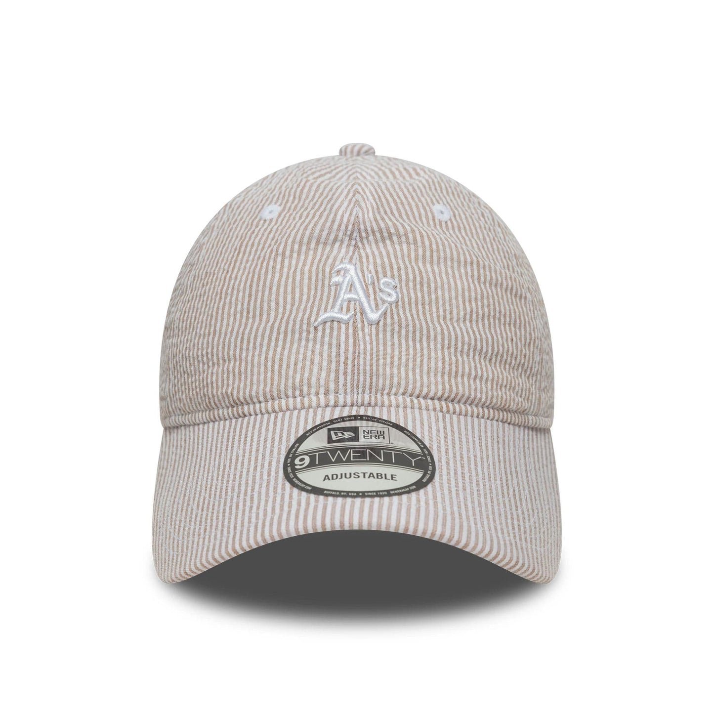 Pictured is this MLB Seersucker Athletics 9TWENTY cap in light beige. 2