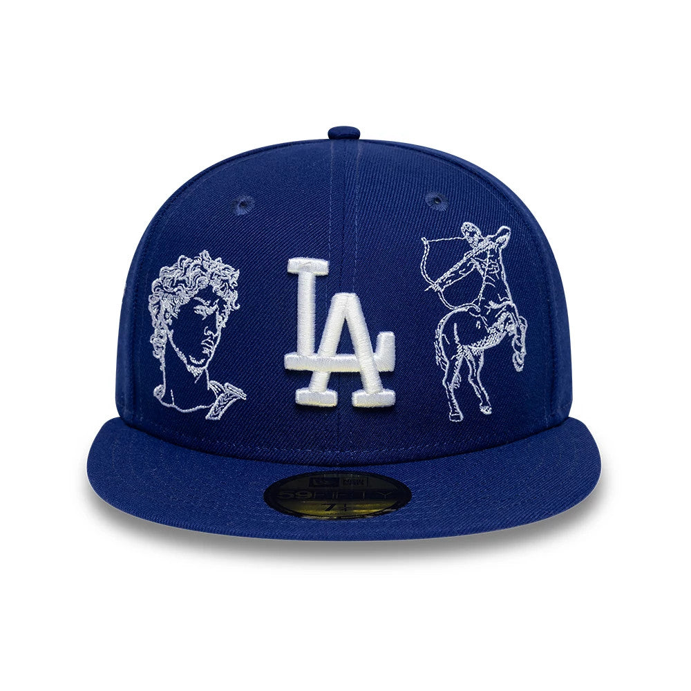 LA Dodgers MLB Mythical Dark Blue New Era 59FIFTY FItted Cap, front view showing raised LA logo in white embroidery flanked by two mythical white illustrations, with a gold 59FIFTY size sticker on the flat dark blue visor.
