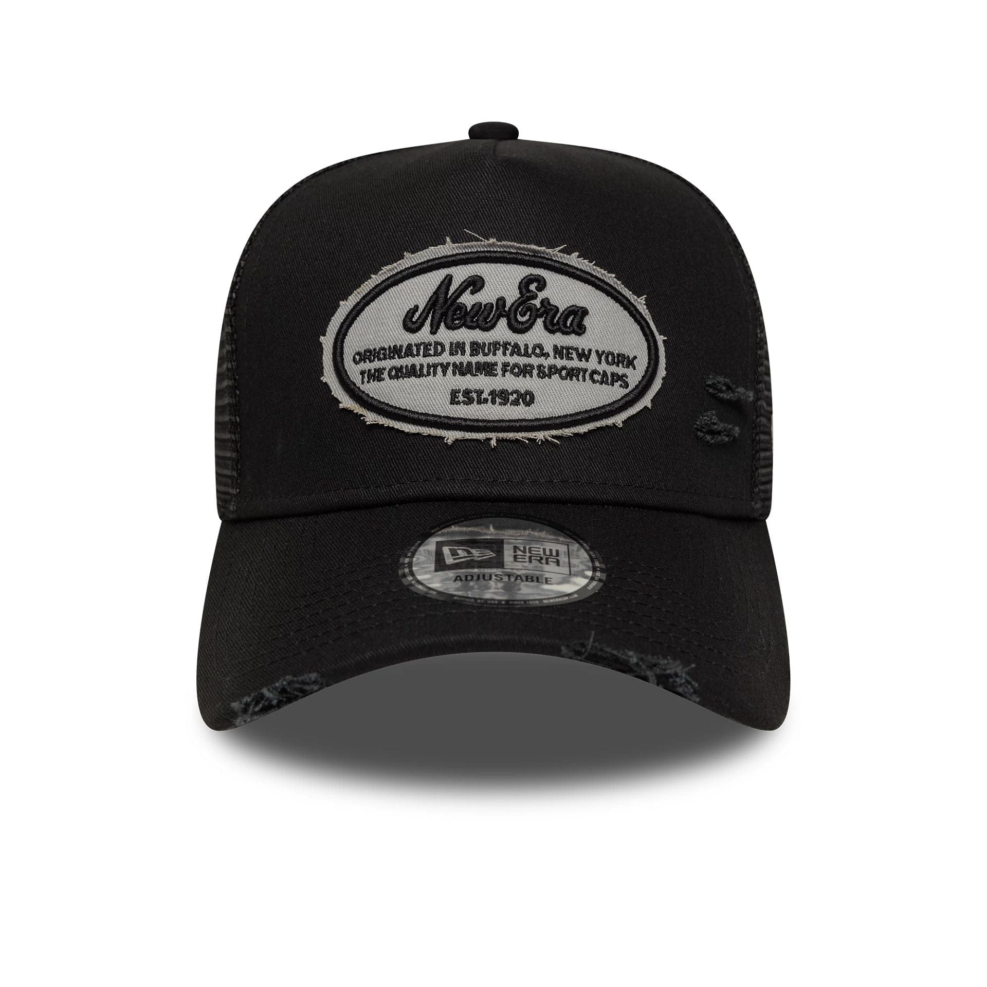 This is a New Era Distressed Oval Patch Black 9FORTY A-Frame Trucker Adjustable Cap 2