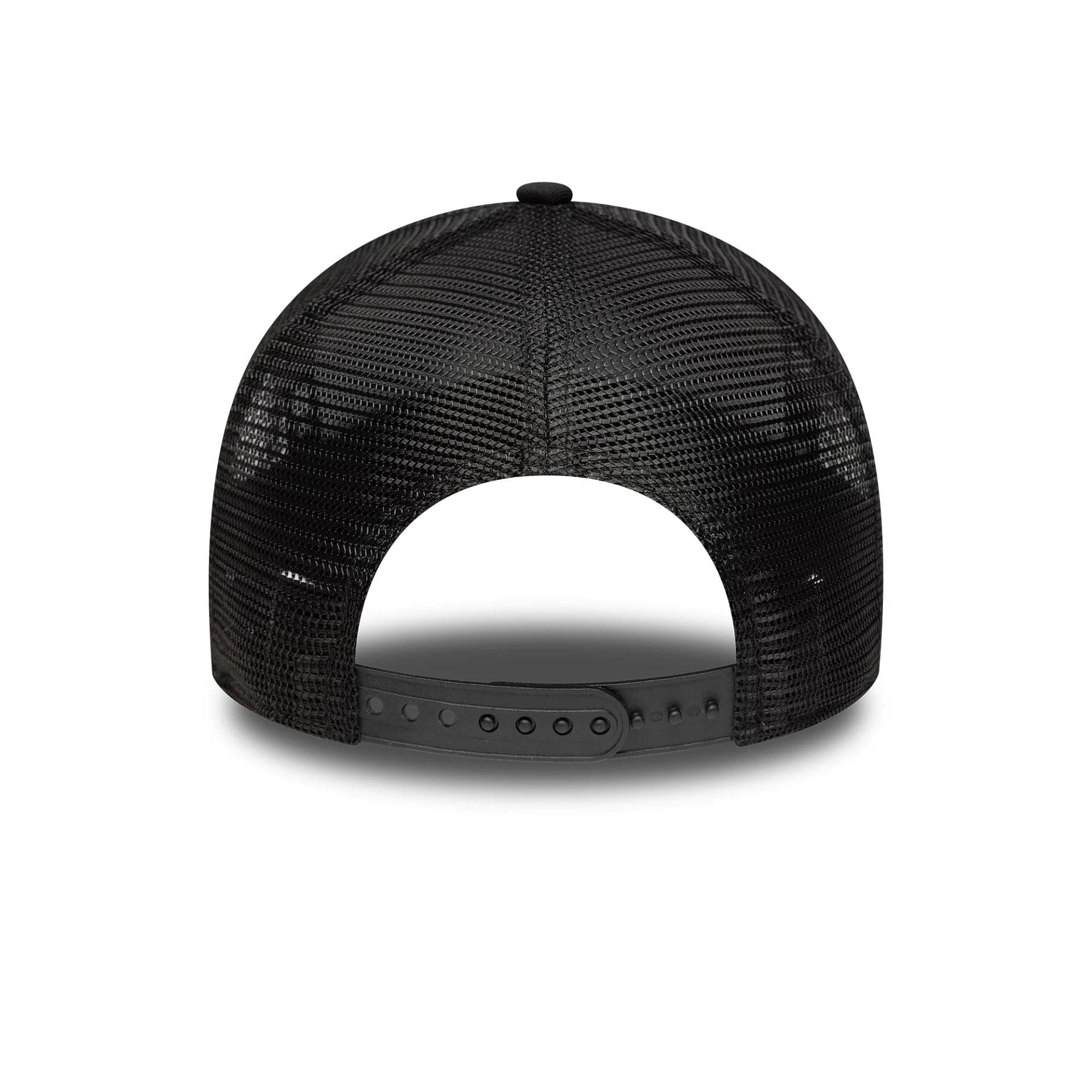 This is a New Era Distressed Oval Patch Black 9FORTY A-Frame Trucker Adjustable Cap 4