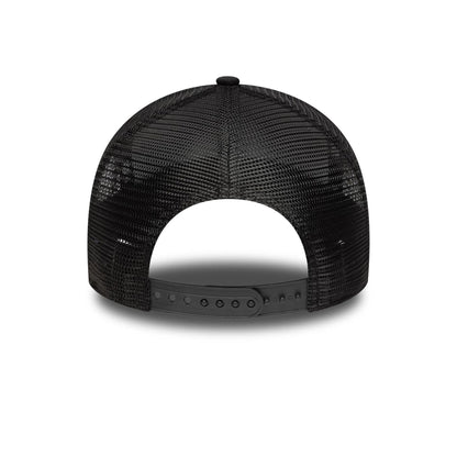 This is a New Era Distressed Oval Patch Black 9FORTY A-Frame Trucker Adjustable Cap 4