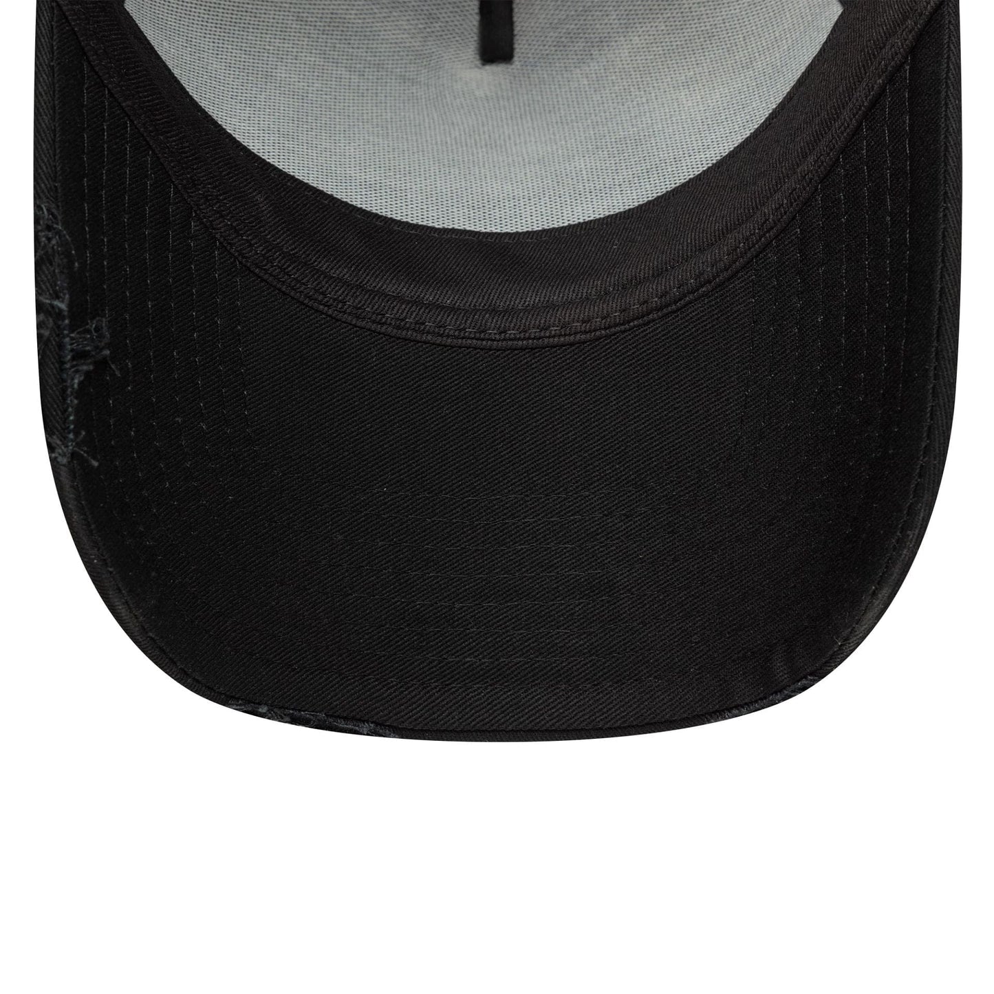 This is a New Era Distressed Oval Patch Black 9FORTY A-Frame Trucker Adjustable Cap 5