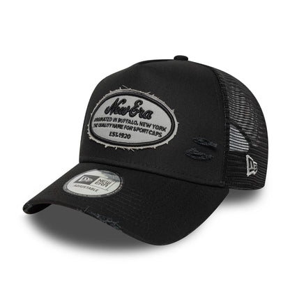 This is a New Era Distressed Oval Patch Black 9FORTY A-Frame Trucker Adjustable Cap 1