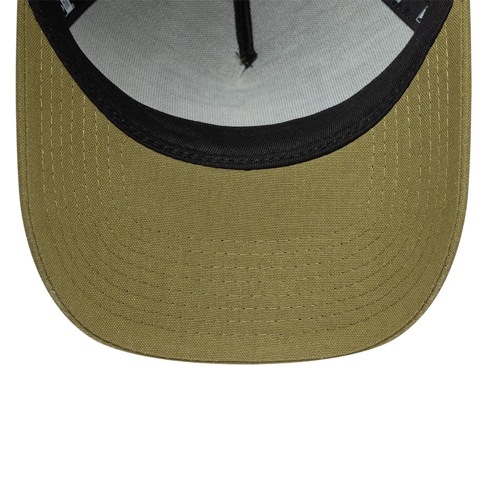 New Era Patch Line Green 9FORTY E-Frame Adjustable Cap, inside view with grey undervisor and black taping, showcasing detailed stitching on the green visor.