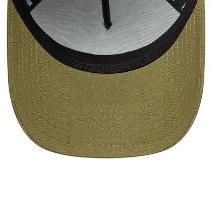 New Era Patch Line Green 9FORTY E-Frame Adjustable Cap, inside view with grey undervisor and black taping, showcasing detailed stitching on the green visor.