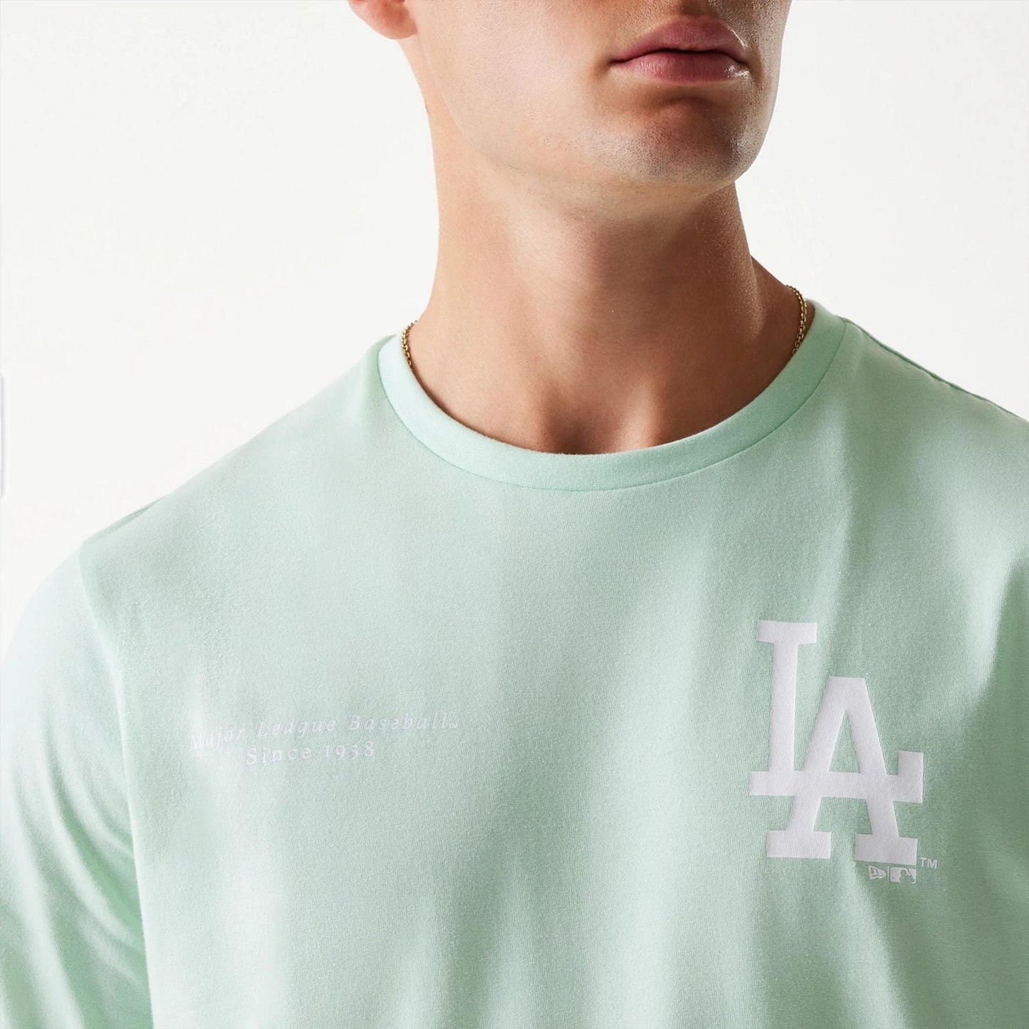 The Male model is wearing LA Dodgers MLB Arch Graphic Pastel Green T-Shirt 6