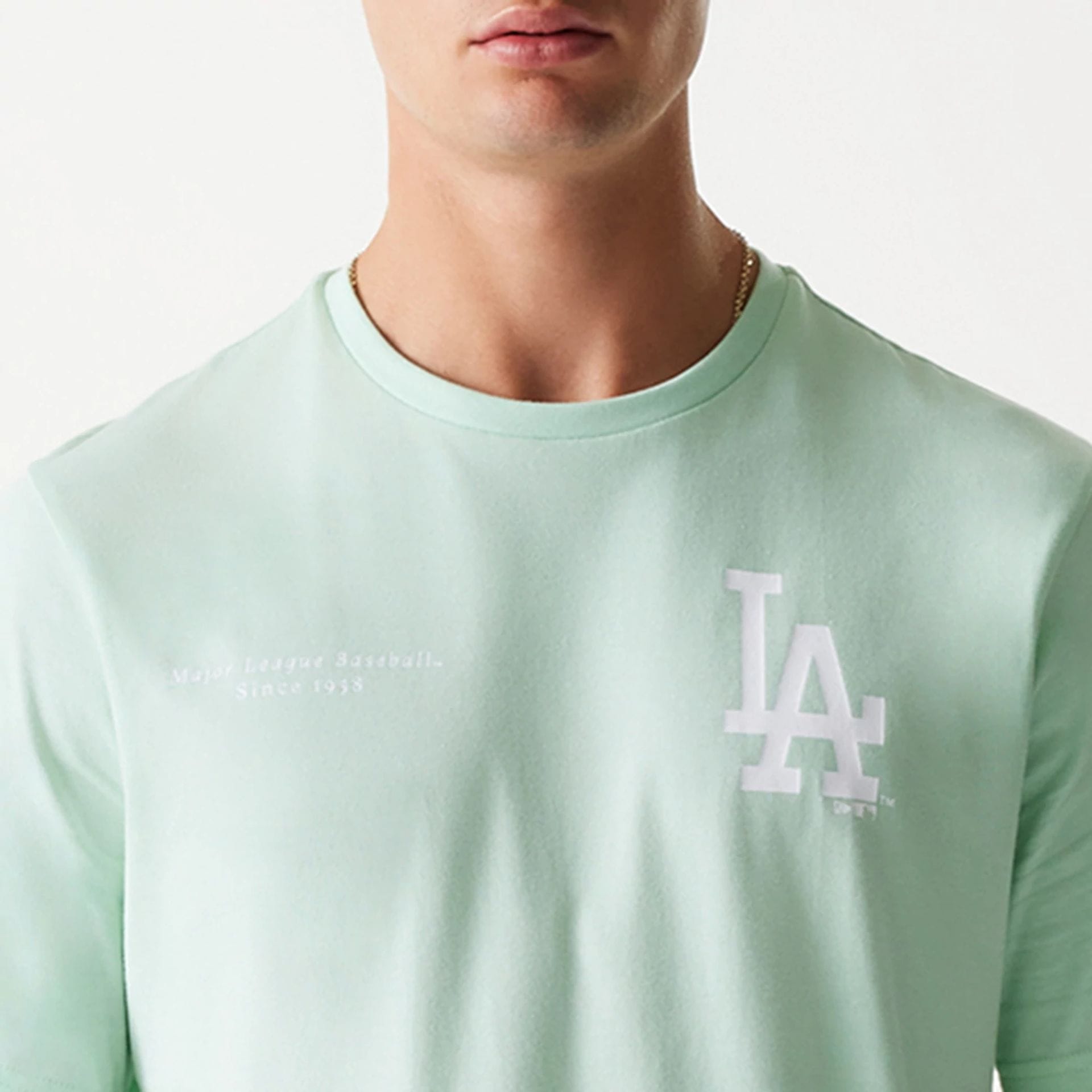 The Male model is wearing LA Dodgers MLB Arch Graphic Pastel Green T-Shirt 7