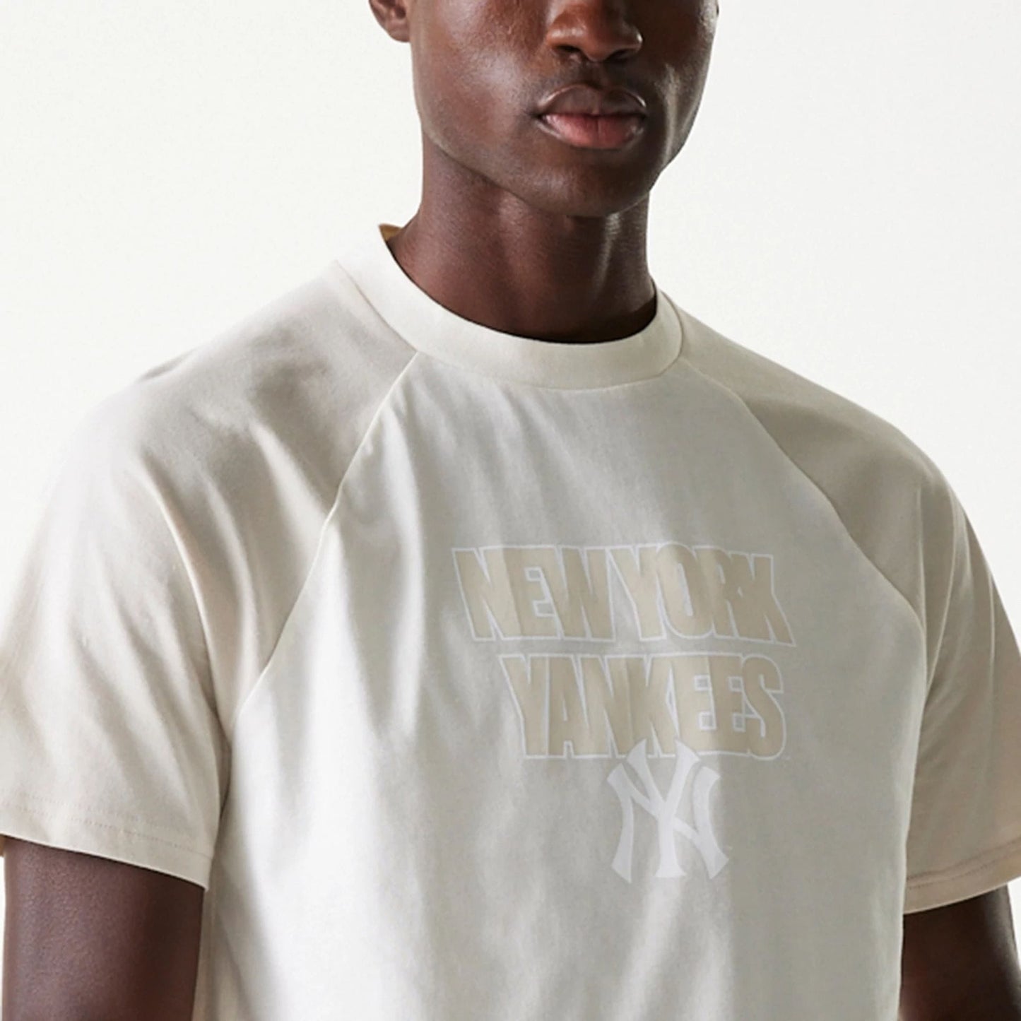 The Male model is wearing New York Yankees MLB Raglan Open White Oversized T-Shirt 6