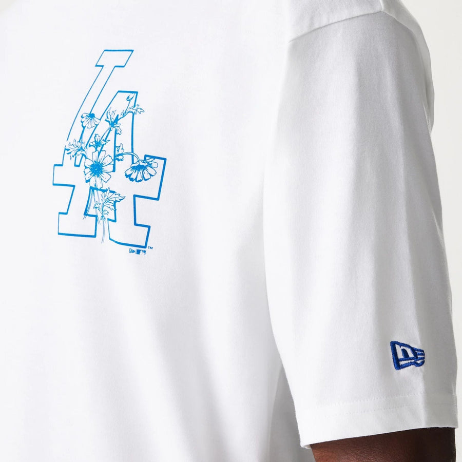 The Male model is wearing LA Dodgers MLB Floral Graphic White Oversized T-Shirt 6